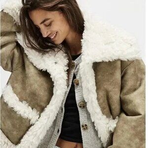 Free People Kiki Sherpa Jacket Womens L Cozy Faux Fur Boho Chic Rustic Beige